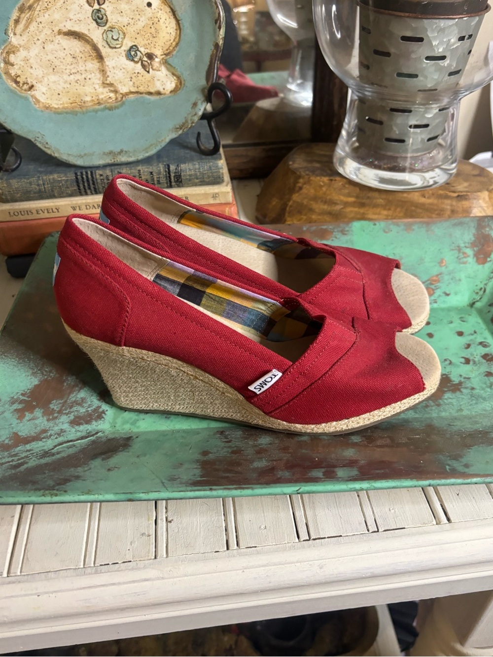 Toms Red Canvas Peep-Toe Espadrille Wedges